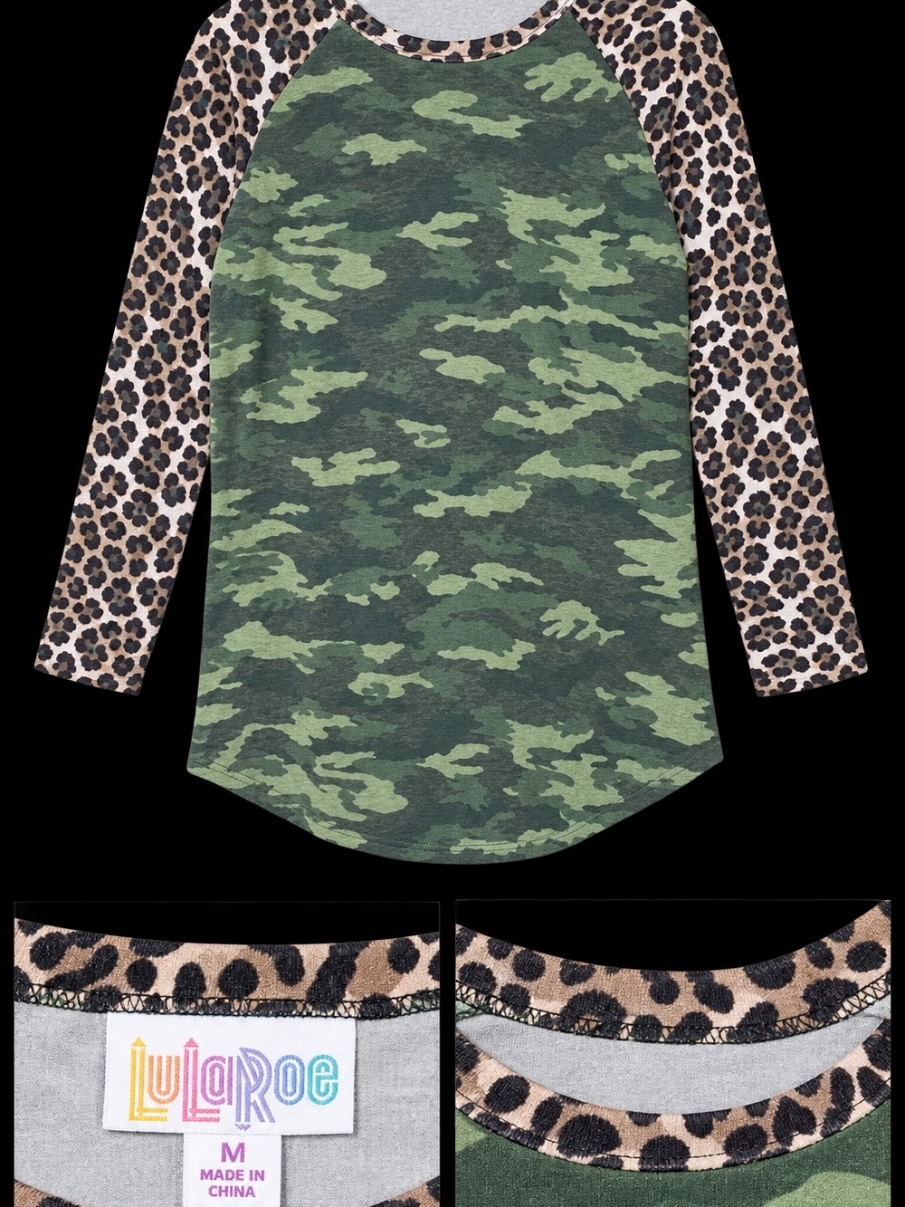 LuLaRoe Green Camo Body with Leopard Sleeve Raglan Top